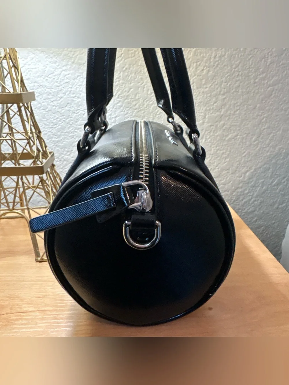 Marc Jacobs Black Leather Barrel Satchel with Logo Strap